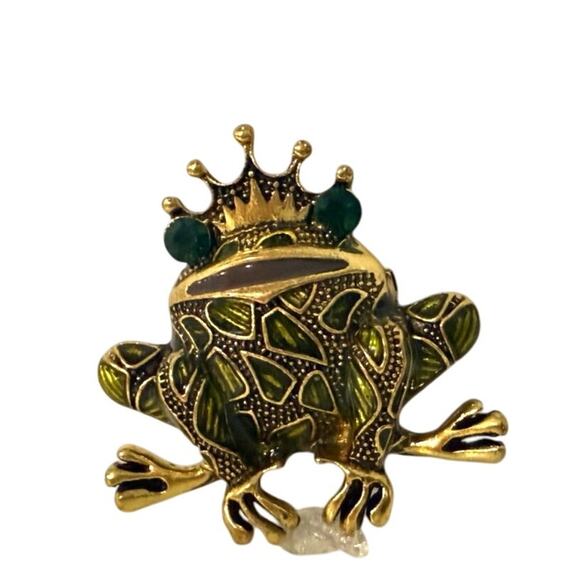 Frog Prince Brooch Green Enamel Gold Tone w/ Rhinestones & Green Gem Eyes 1.5" - Picture 3 of 3
